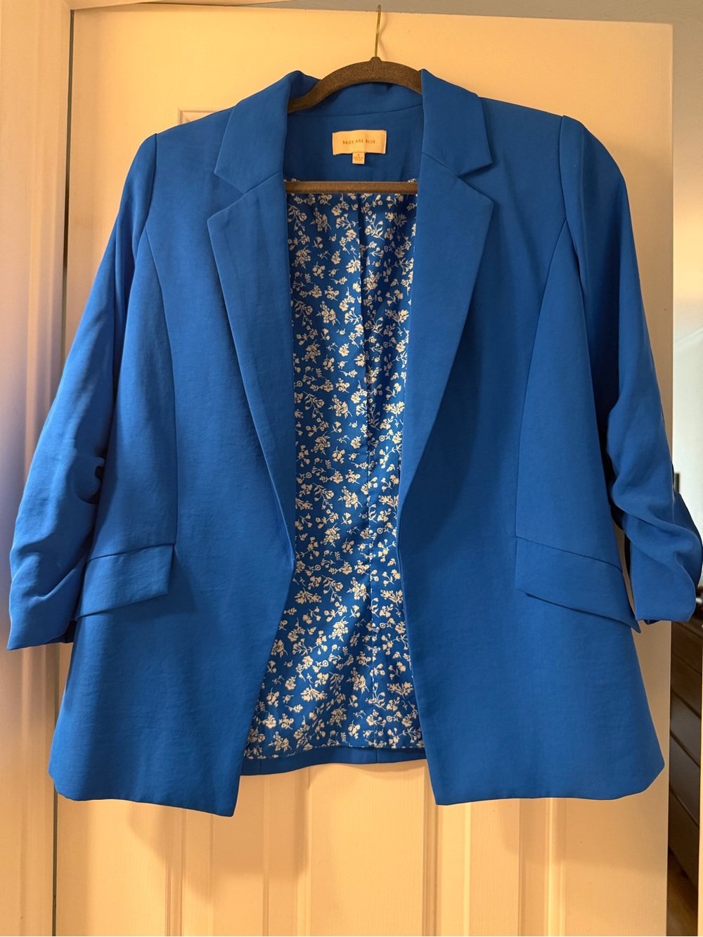 Skies Are Blue Bold Cobalt Open-Front Blazer with Floral Lining